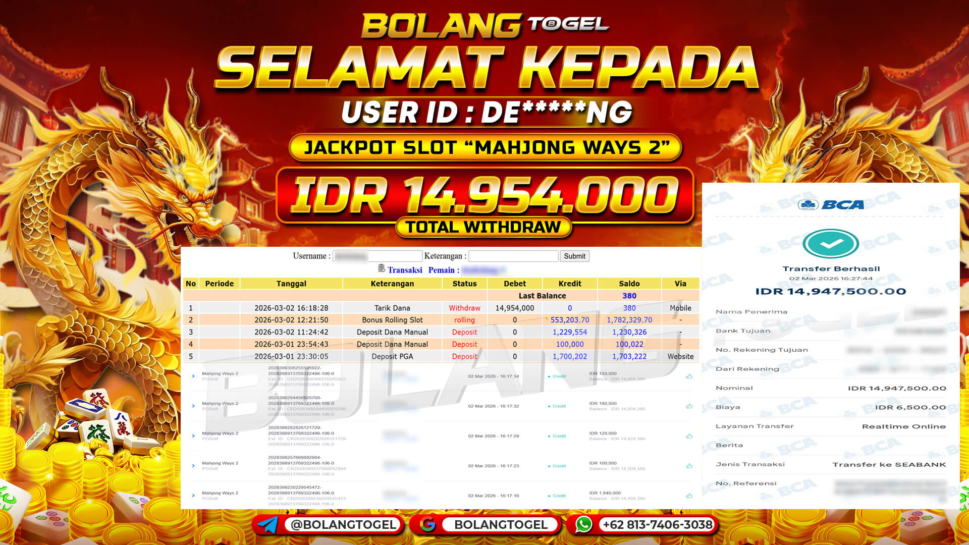 Bukti jackpot SLOT MAHJONG WAYS 2 BOLANGTOGEL - gambar 1